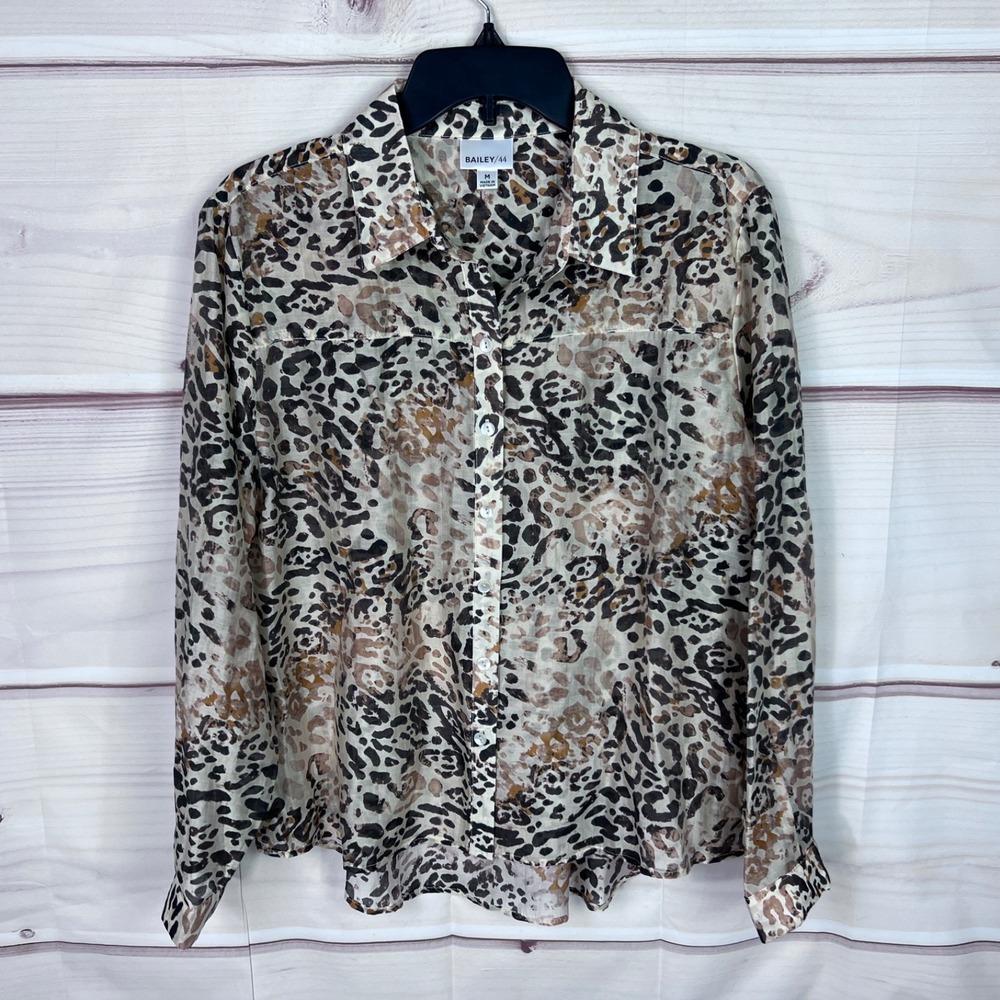 Bailey/44 Top Women M Biege Brown Animal Print Shirt Button Up Lightweight Woven